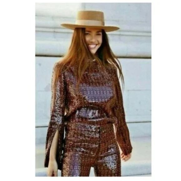 Zara Top M Sequin High Collar Mock Neck Long Sleeve Slit Cuff Party - Picture 2 of 15